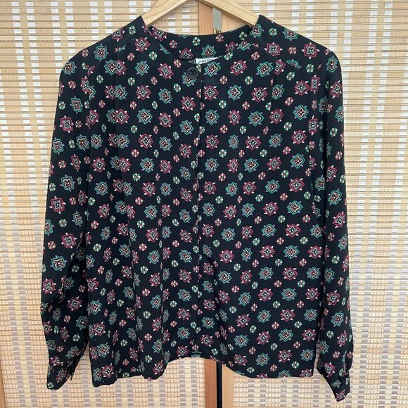 Vintage Navy Floral Button-Up Long Sleeve Blouse - Picture 3 of 9